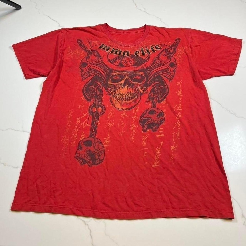 MMA Elite Red Samurai Skull Graphic Tee Katana Y2K Affliction Style Shirt